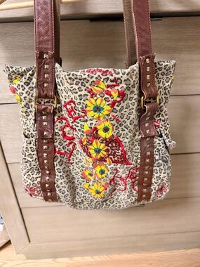 Ed hardy - Distressed Embroidered Leopard print Tote bag with floral